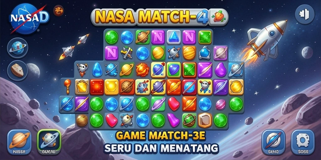 Screenshot gameplay NASA4D yang menampilkan level Match-3 yang seru.
