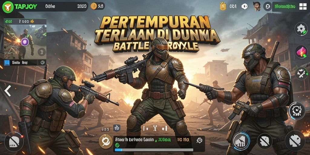 Screenshot gameplay TAPJOY menunjukkan aksi mendebarkan dalam arena Battle Royale.